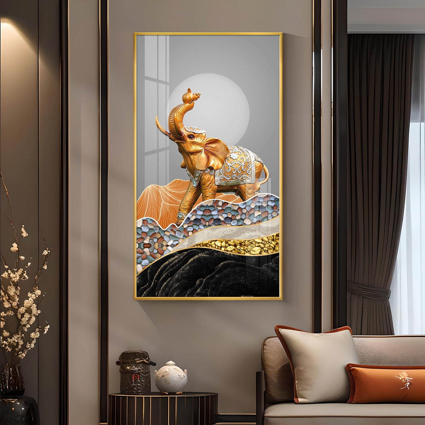 Gold and Silver Elephant Figurine Glass Finish Vertical Wall Art