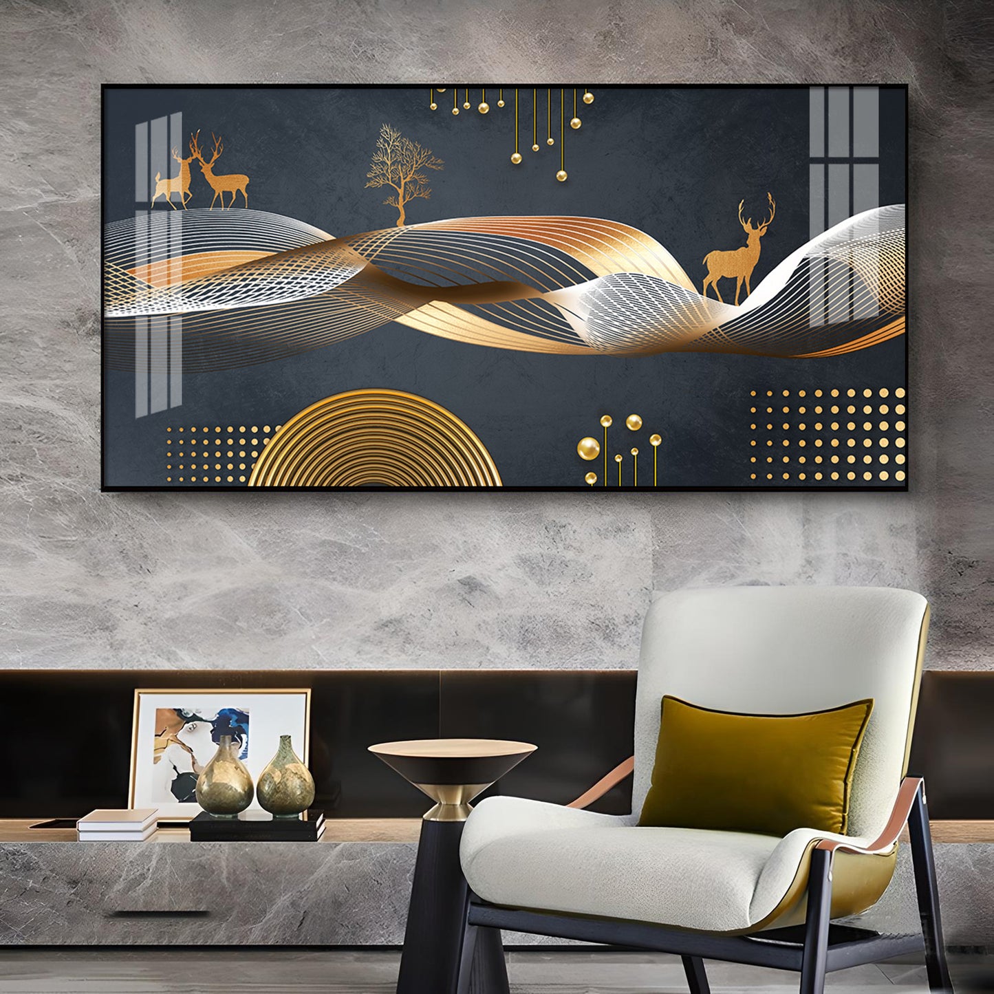 Night Landscape With Golden Deer Glass Finish Horizontal Wall Art