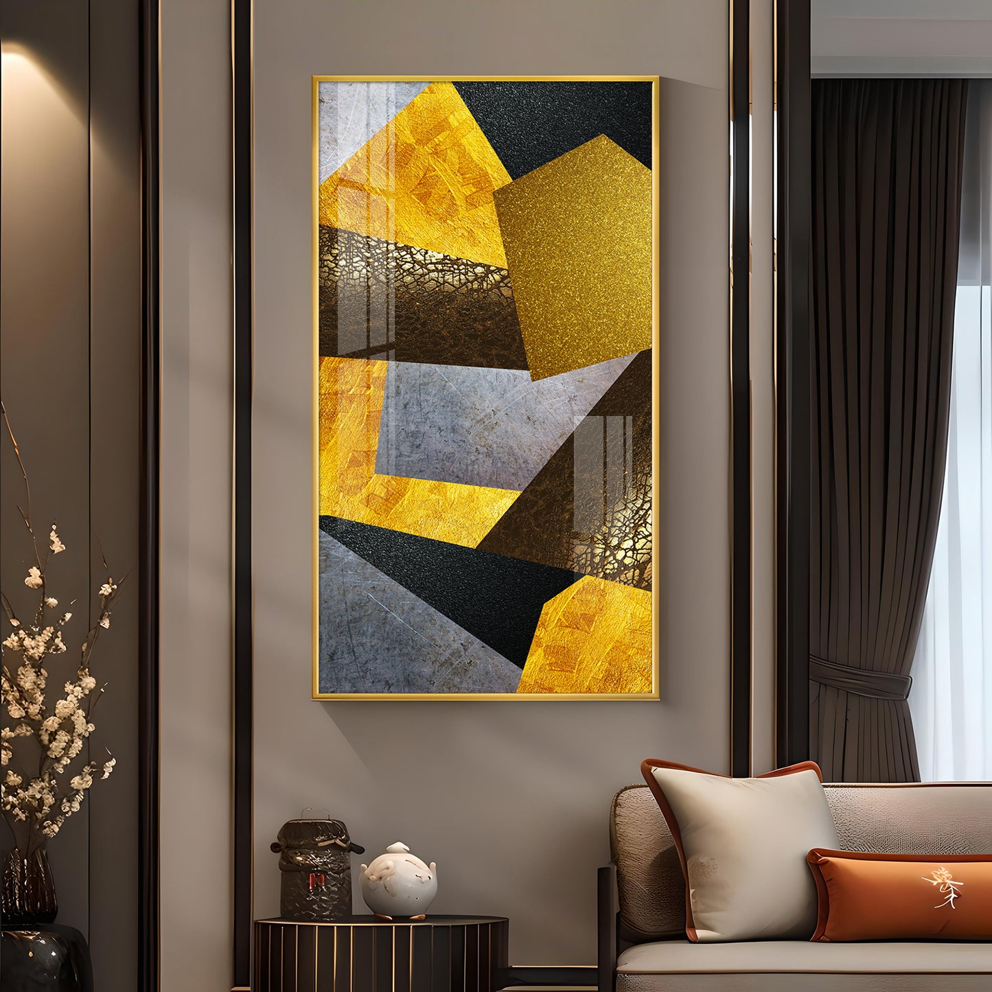 Black and Gold Abstract Vision Glass Finish Vertical Wall Art