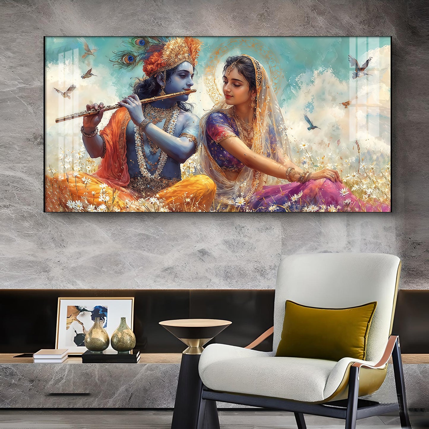 Radhe Krishna Loving Glass Finish Horizontal Wall Art