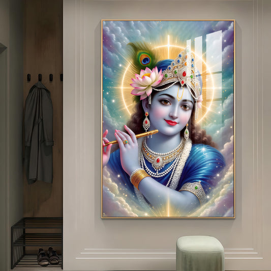Krishna's Tranquil Abode Glass Finish Vertical Wall Art