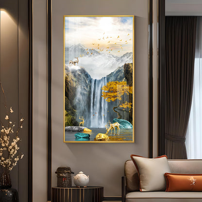 Alpine Gold Reindeer Waterfall Glass Finish Vertical Wall Art