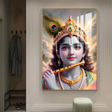 Shri Krishna Ji With Flute Glass Finish Vertical Wall Art