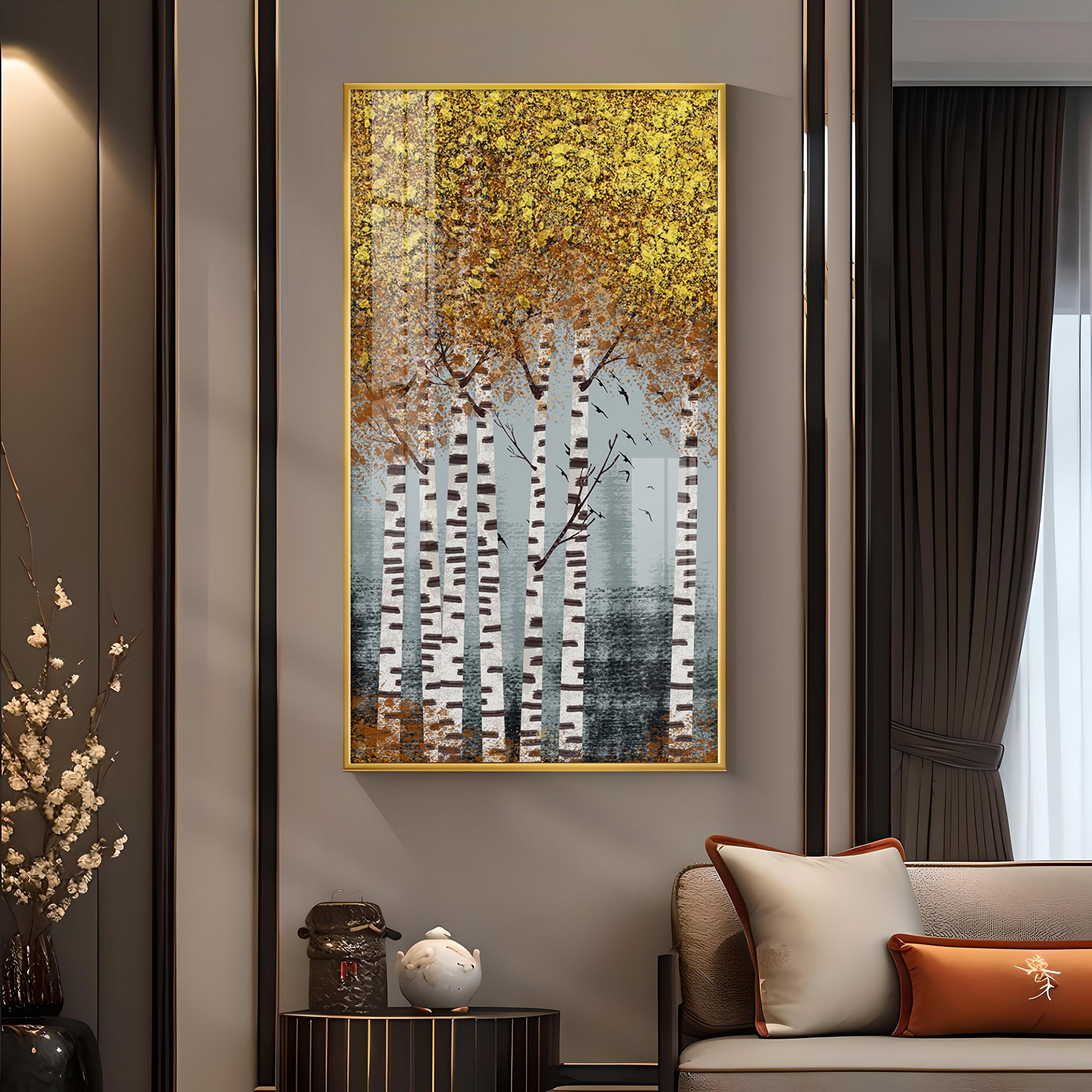 Autumnal Birch Reverie Glass Finish Vertical Wall Art