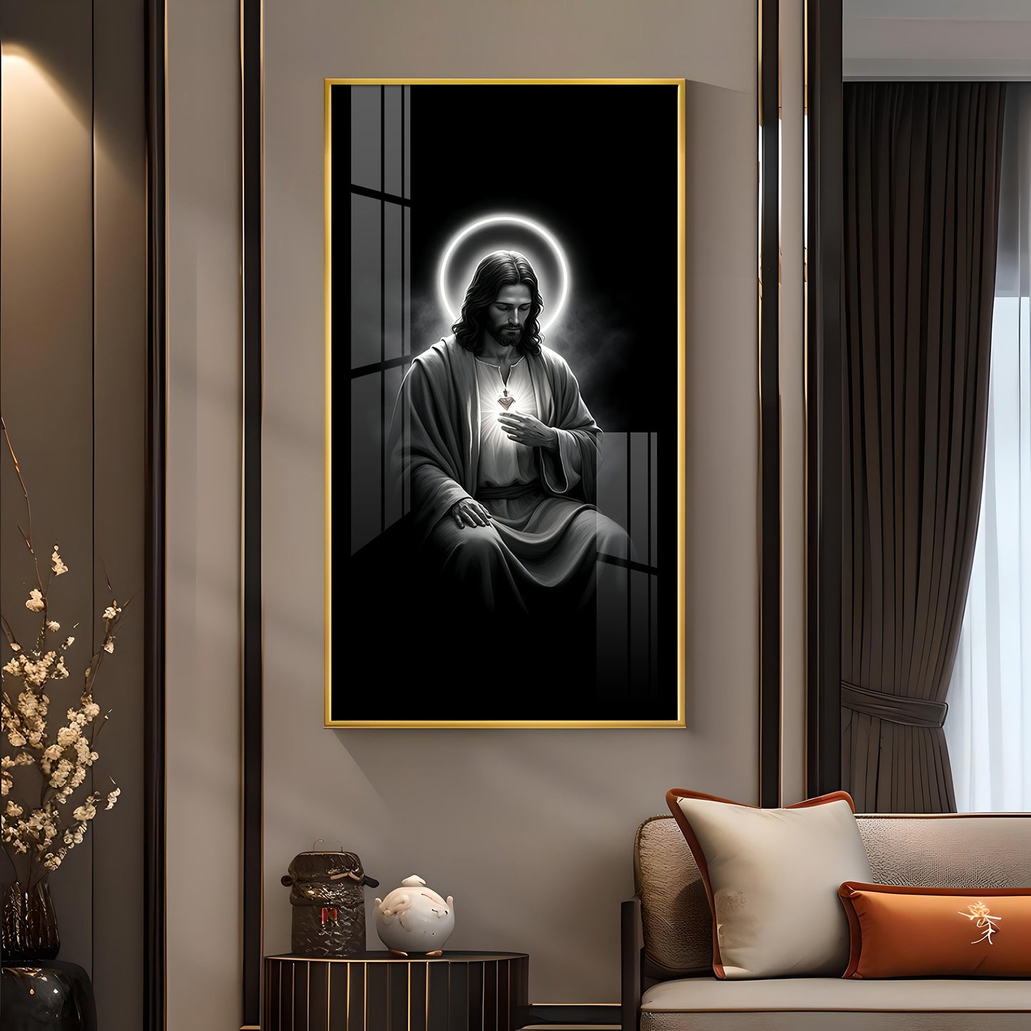 Jesus Black and White Glass Finish vertical Wall Art