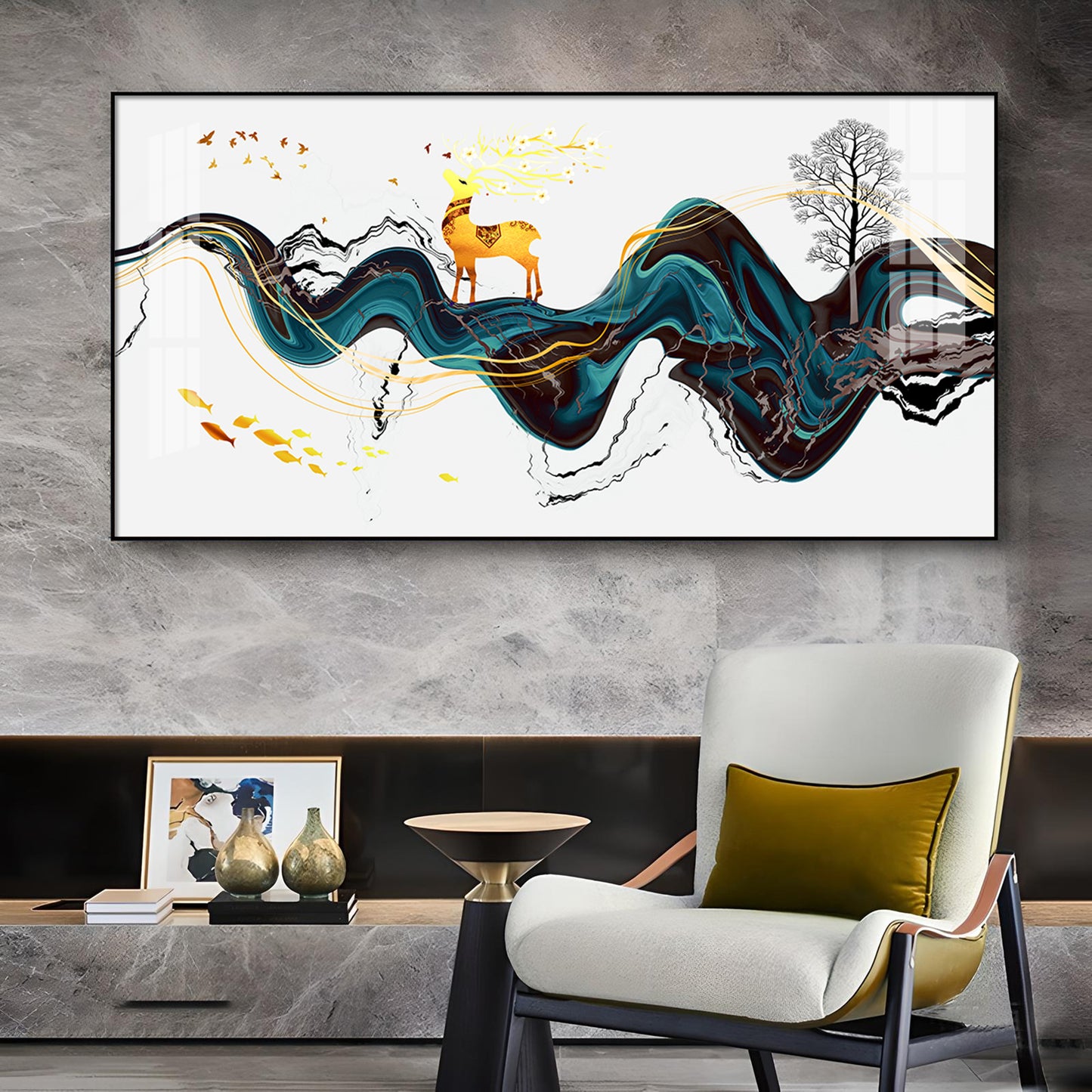 Golden Deer With Multi Color Floating Glass Finish Horizontal Wall Art