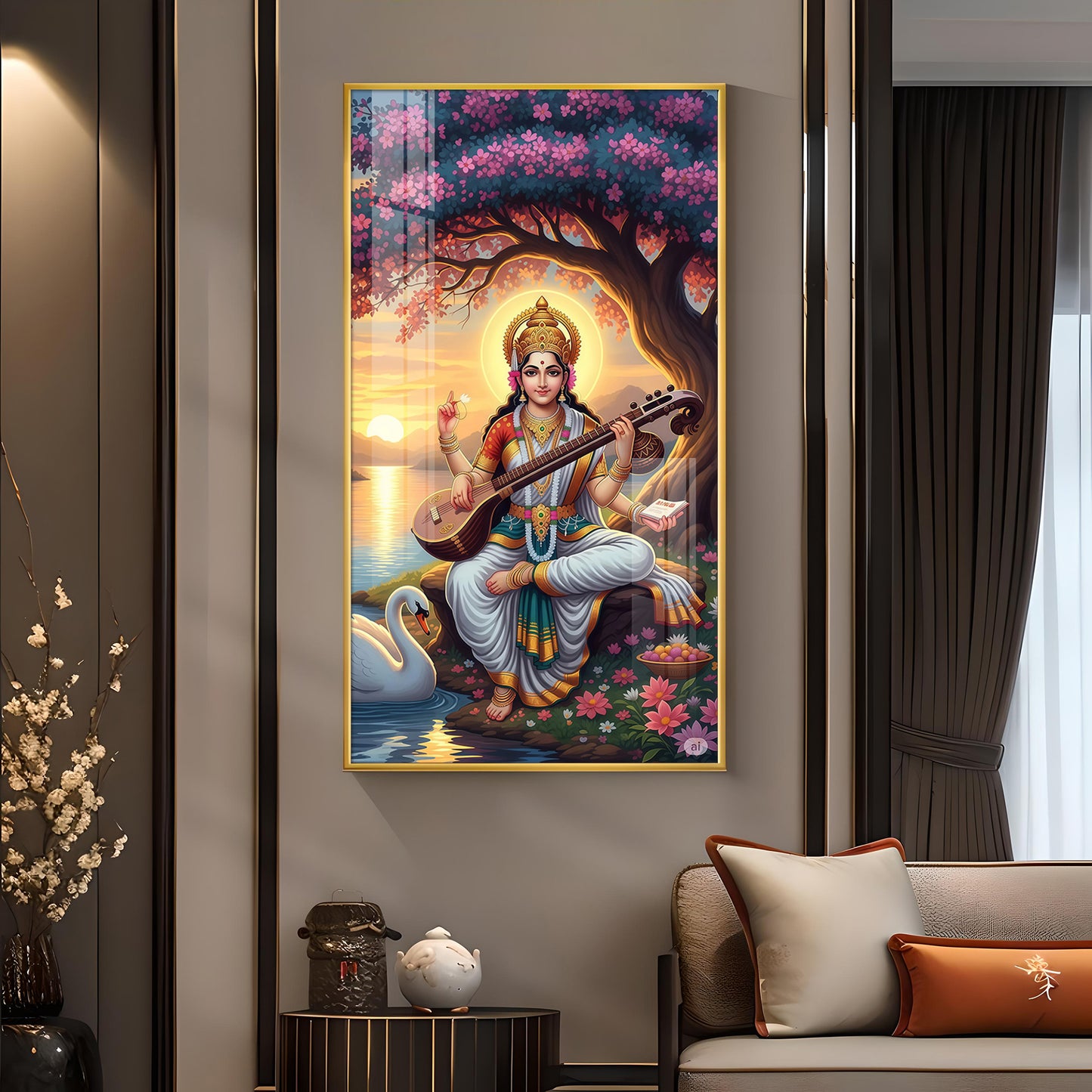 Goddess Saraswati Glass Finish Vertical Wall Art