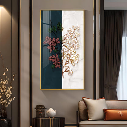 Dual Floral Marble Glass Finish Vertical Wall Art