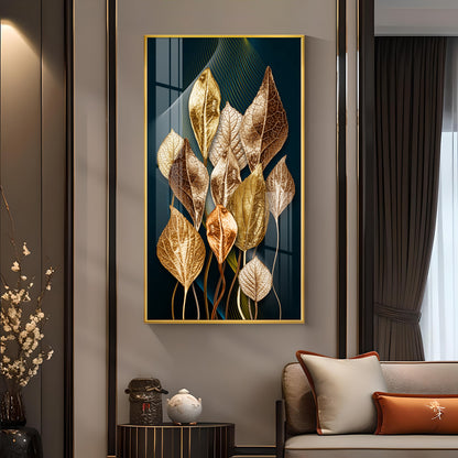 Golden Leafy Luxe Glass Finish Vertical Wall Art