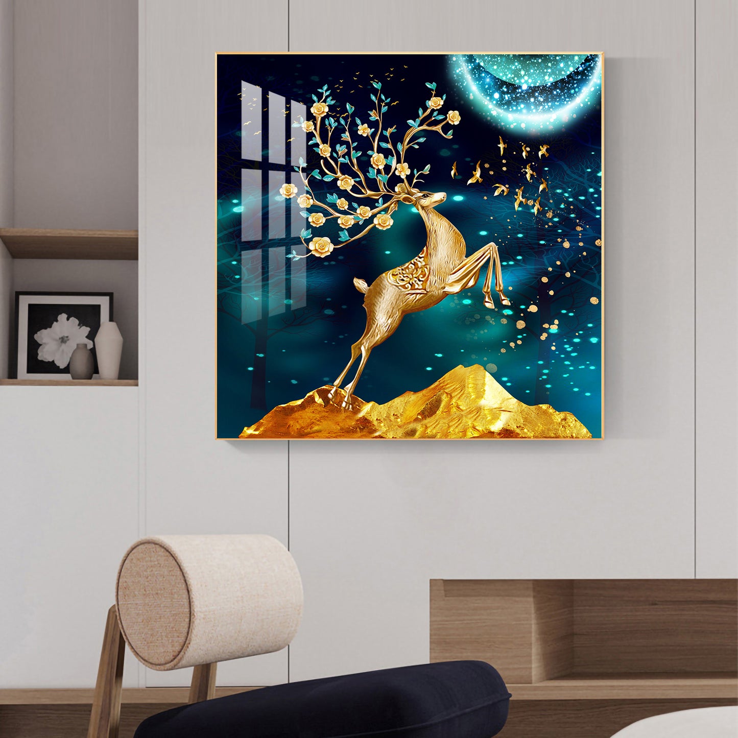 Golden Antlered Beauty Glass Finish Square Wall Art