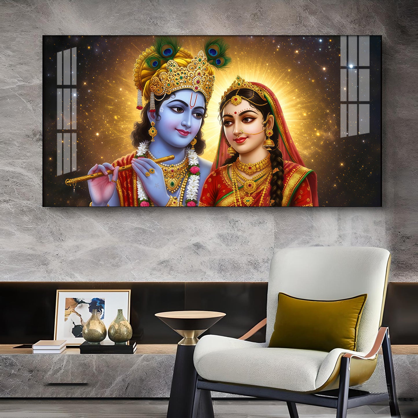 Sri Radhe Krishna Loving Charm Glass Finish Horizontal Wall Art