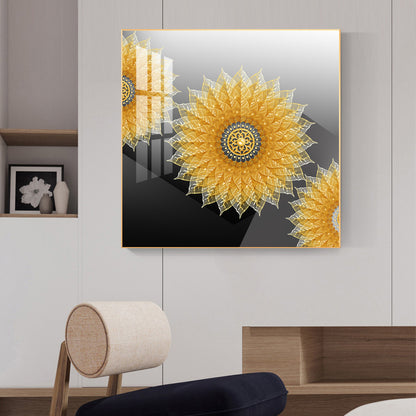 Golden Bloom Glass Finish Square Wall Art