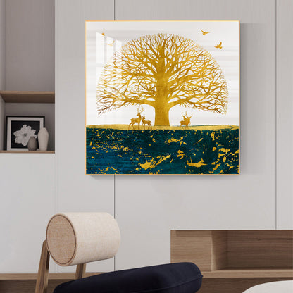 Portrait of Deer and Tree Glass Finish Square Wall Art