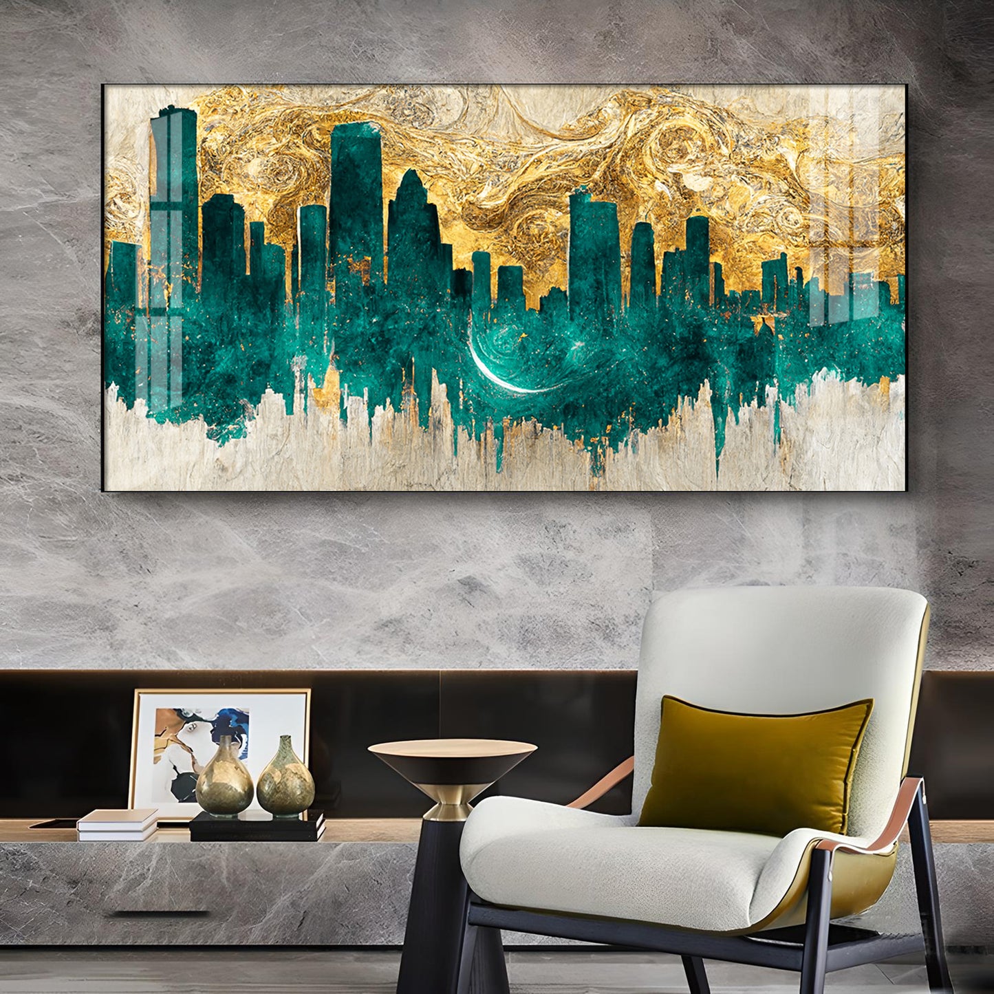 Golden Urban Vista Glass Finish Horizontal Wall Art