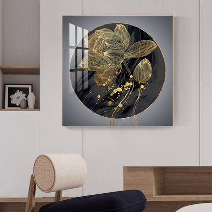 Golden Petal Grandeur Glass Finish Square Wall Art