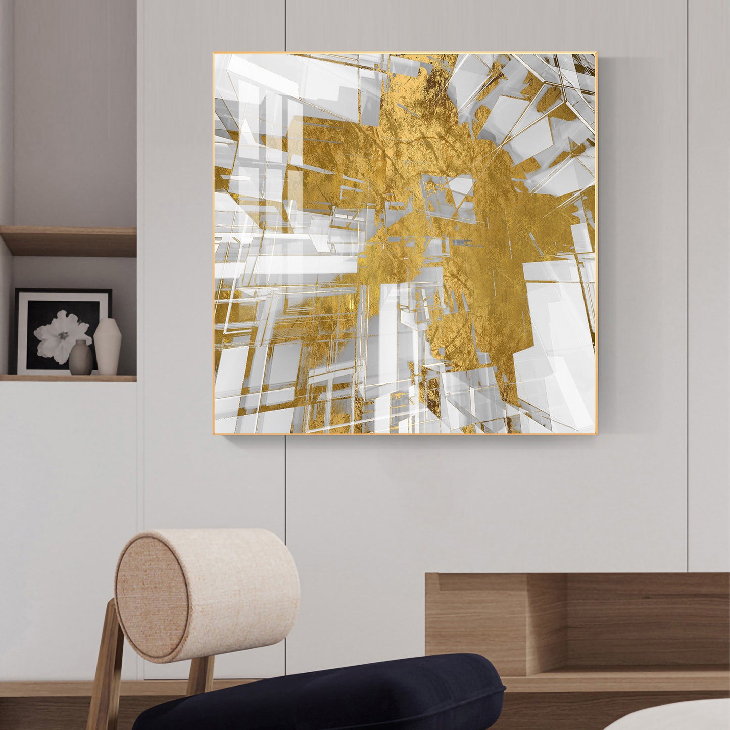 Symphony in Gold and White Glass Finish Square Wall Art