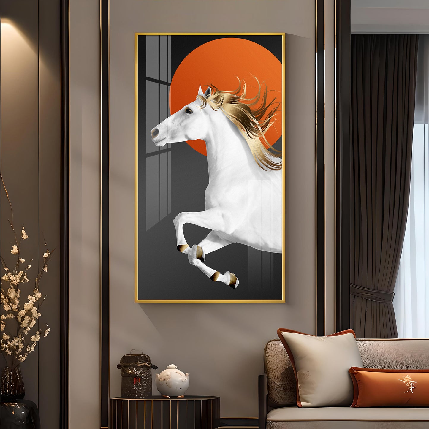 Jumping Horse With Blond Glass Finish Vertical Wall Art