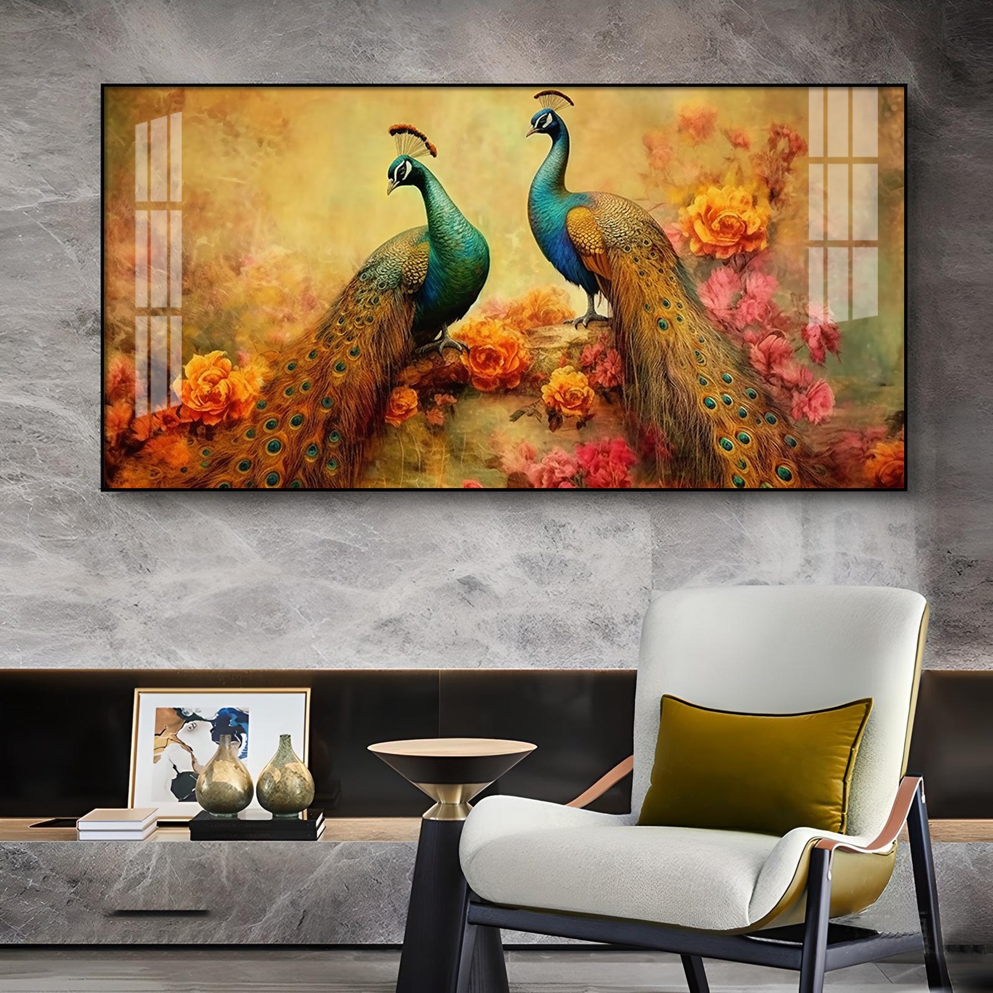 Two Peacock With Flower Background Glass Finish Horizontal Wall Art