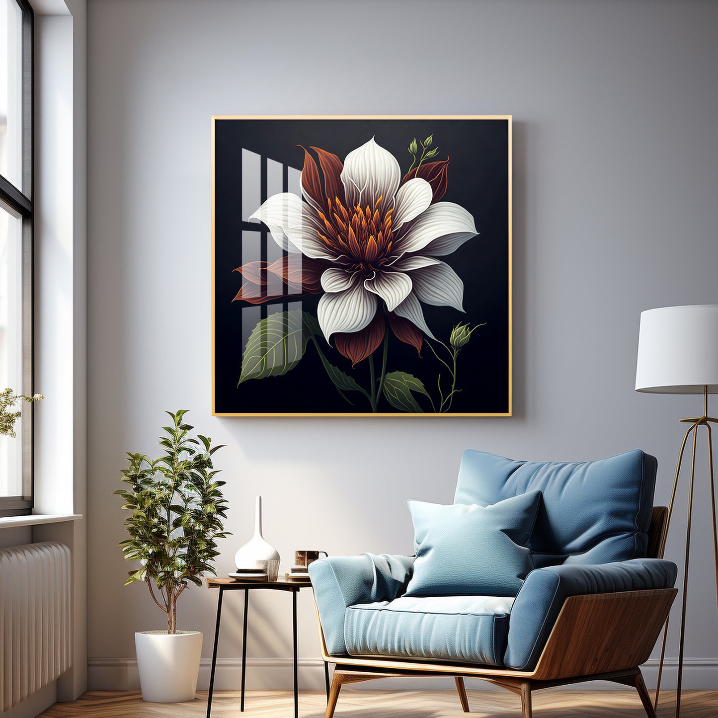 Floral Harmony in White Glass Finish Square Wall Art