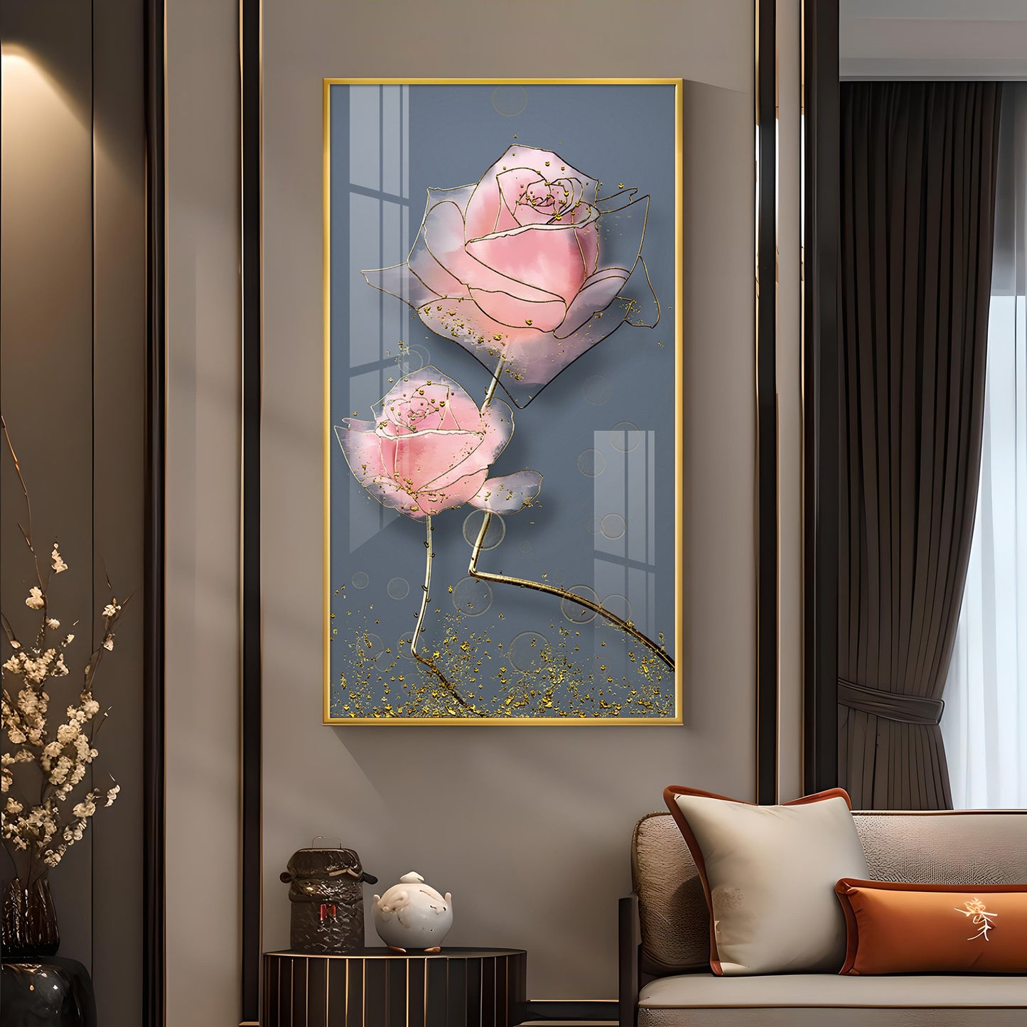 Floral Elegance Glass Finish Vertical Wall Art