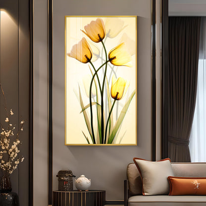 Radiant Yellow Tulips Glass Finish Vertical Wall Art