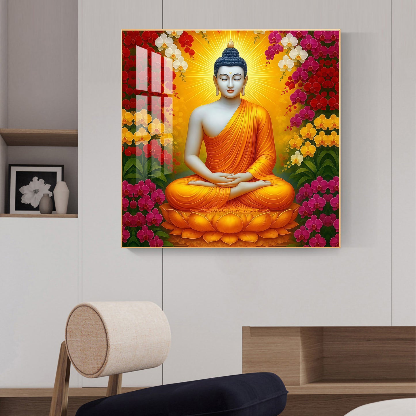 Serene Gautam Buddha Glass Finish Square Wall Art