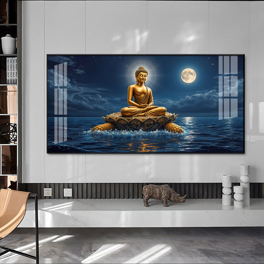 Buddha Sitting Peacfully Glass Finish Horizontal Wall Art