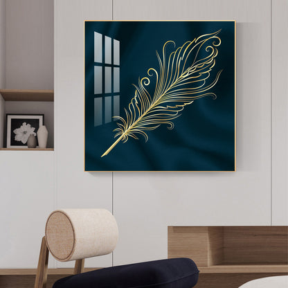 Feather on Azure Glass Finish Square Wall Art