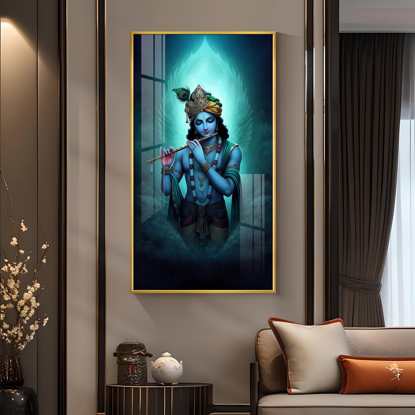 Spiritual Krishna In Vibrant Color Glass Finish Vertical Wall Art