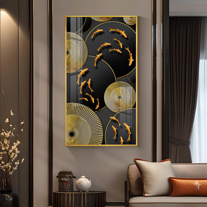 Goldfish Elegance Glass Finish Vertical Wall Art