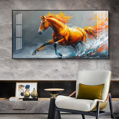 One Running Horse Glass Finish Horizontal Wall Art