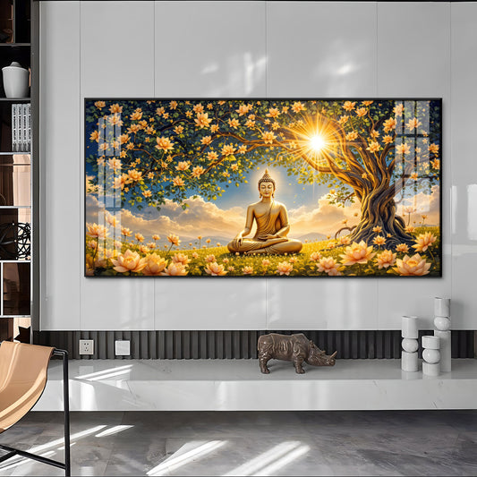Buddha In Autum Nature Glass Finish Horizontal Wall Art