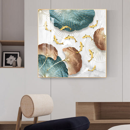 Opulent Blue Gold Flora Glass Finish Square Wall Art