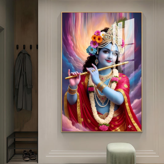Colorful Krishna Ji Glass Finsih Vertical Wall Art