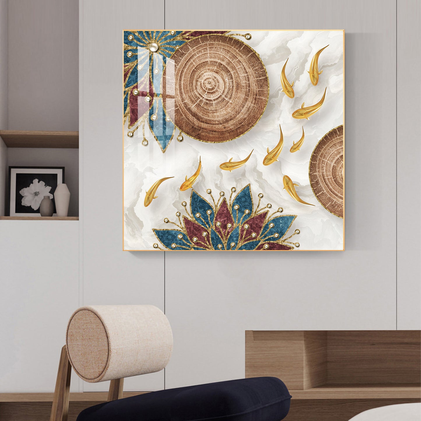 Ivory and Gold Fish Harmony Glass Finish Square Wall Art