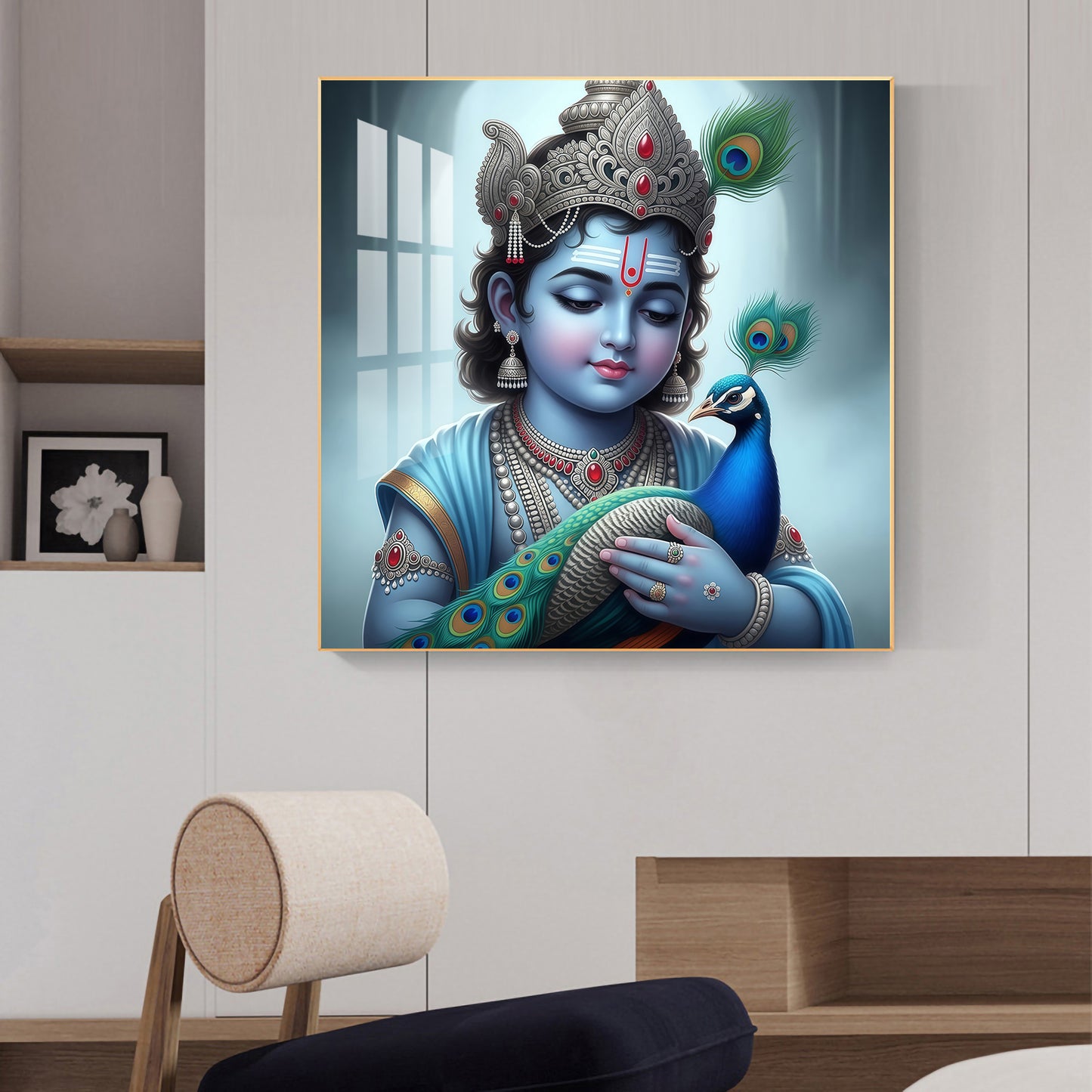 Baby Krishna With Peacock Glass Finish Square Wall Art
