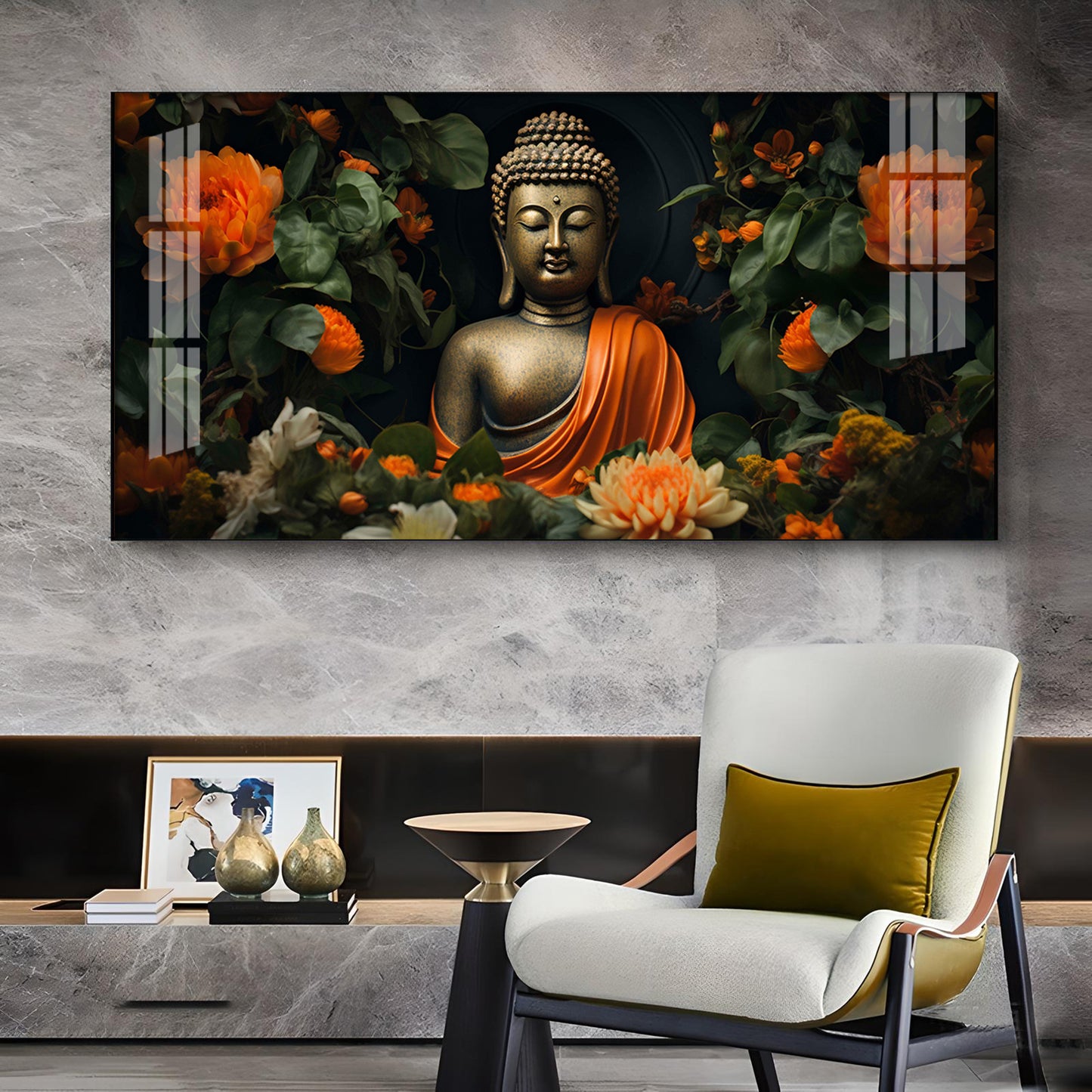 Luminous Buddha With Flower Glass Finish Horizontal Wall Art