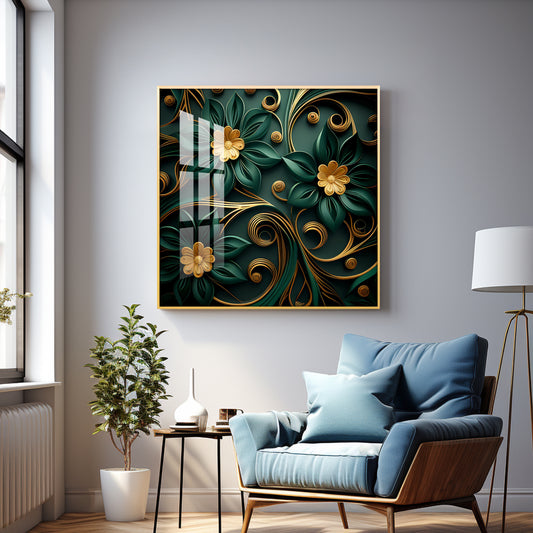 Emerald Garden Flower Glass Finish Square Wall Art