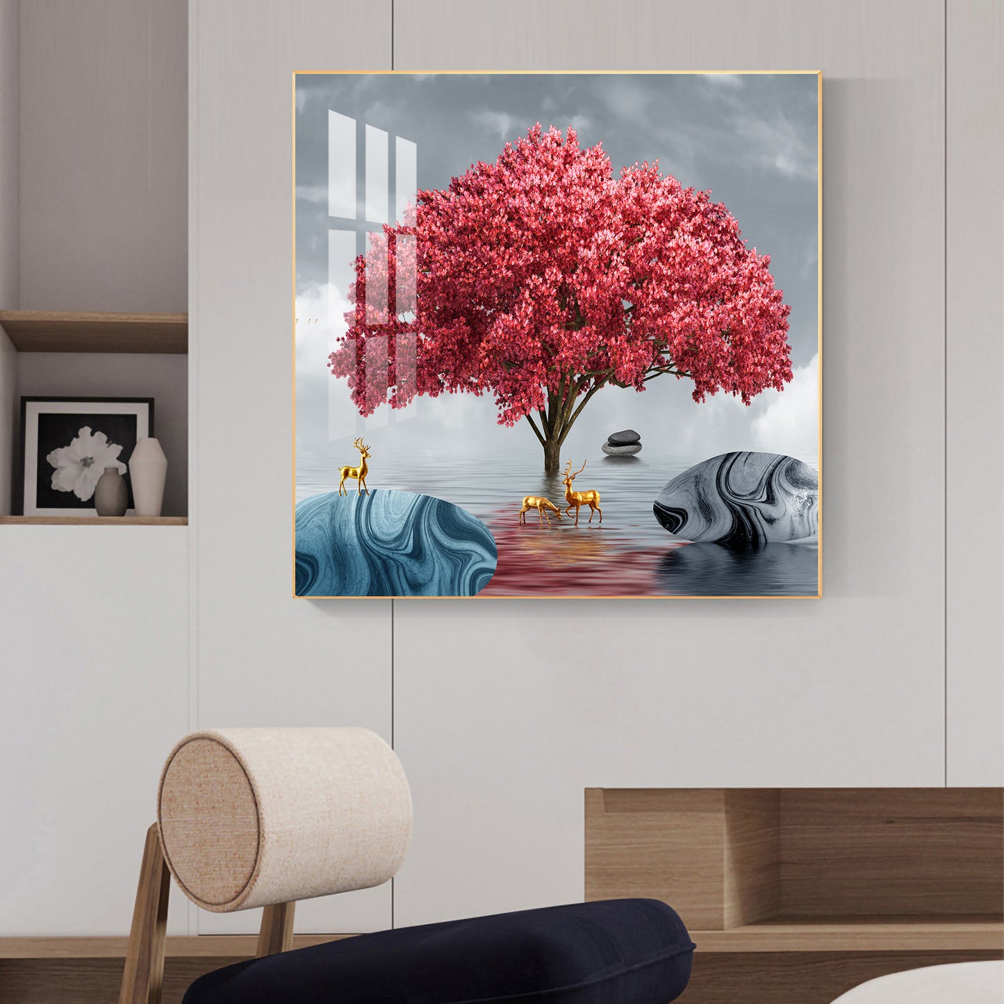 Rosy Bloom Tree Glass Finish Square Wall Art