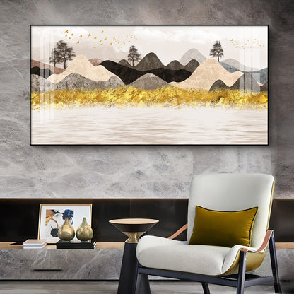 Colorful Golden Mountain Glass Finish Horizontal Wall Art