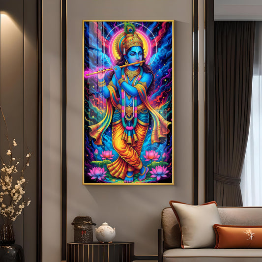Jai Shree Krishna Glass Finish Vertical Wall Art