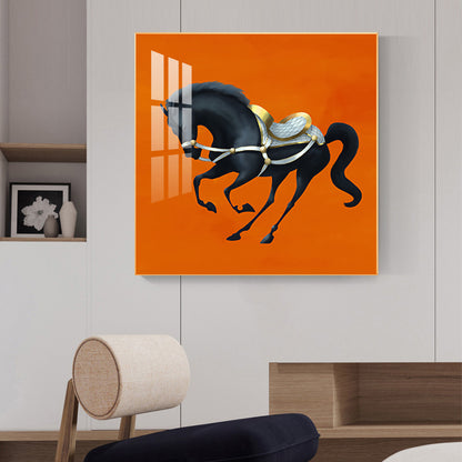 Jumping Horse In Orange Horizon Glass Finish Square Wall Art