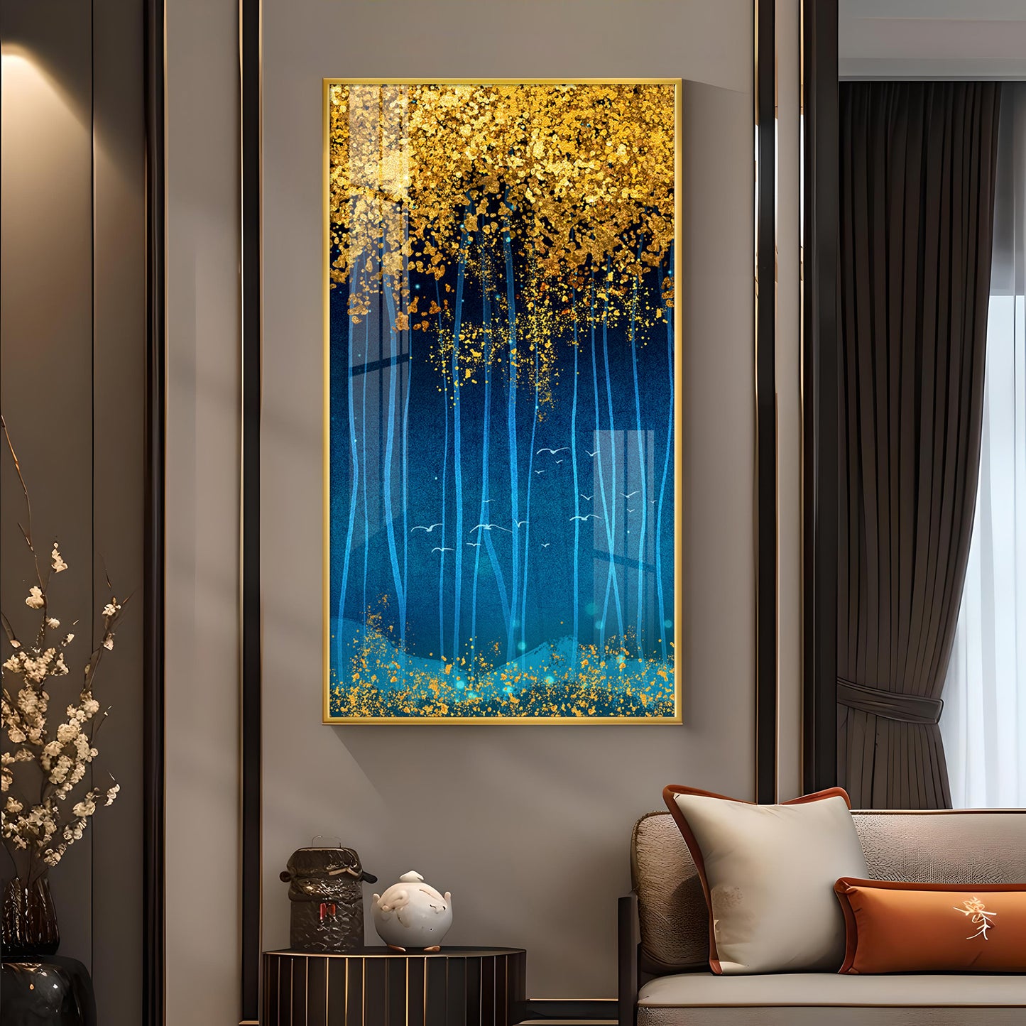 Golden Glade Glass Finish Vertical Wall Art