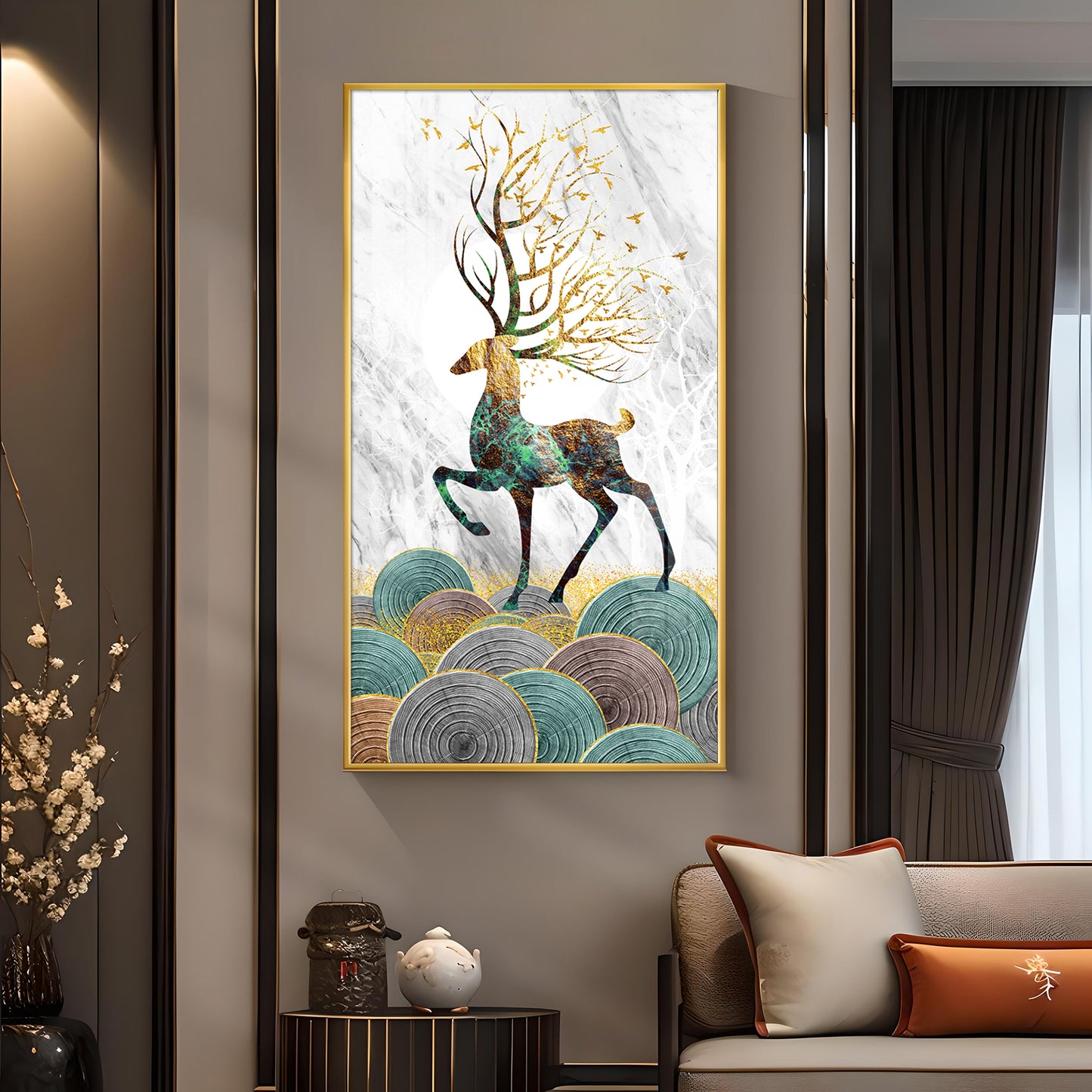 Deer and Its Branches Glass Finish Vertical Wall Art