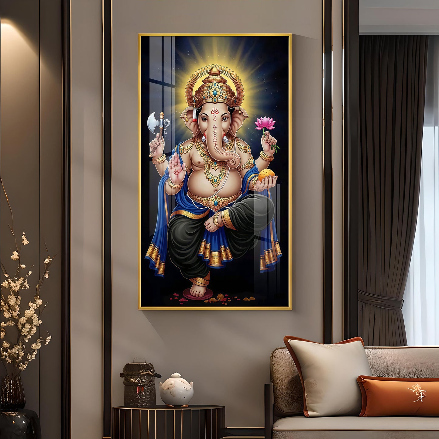 Om Gan Ganpataye Glass Finish Vertical Wall Art