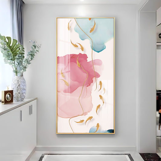 Pink and Blue Floral Glass Finish Vertical Wall Art