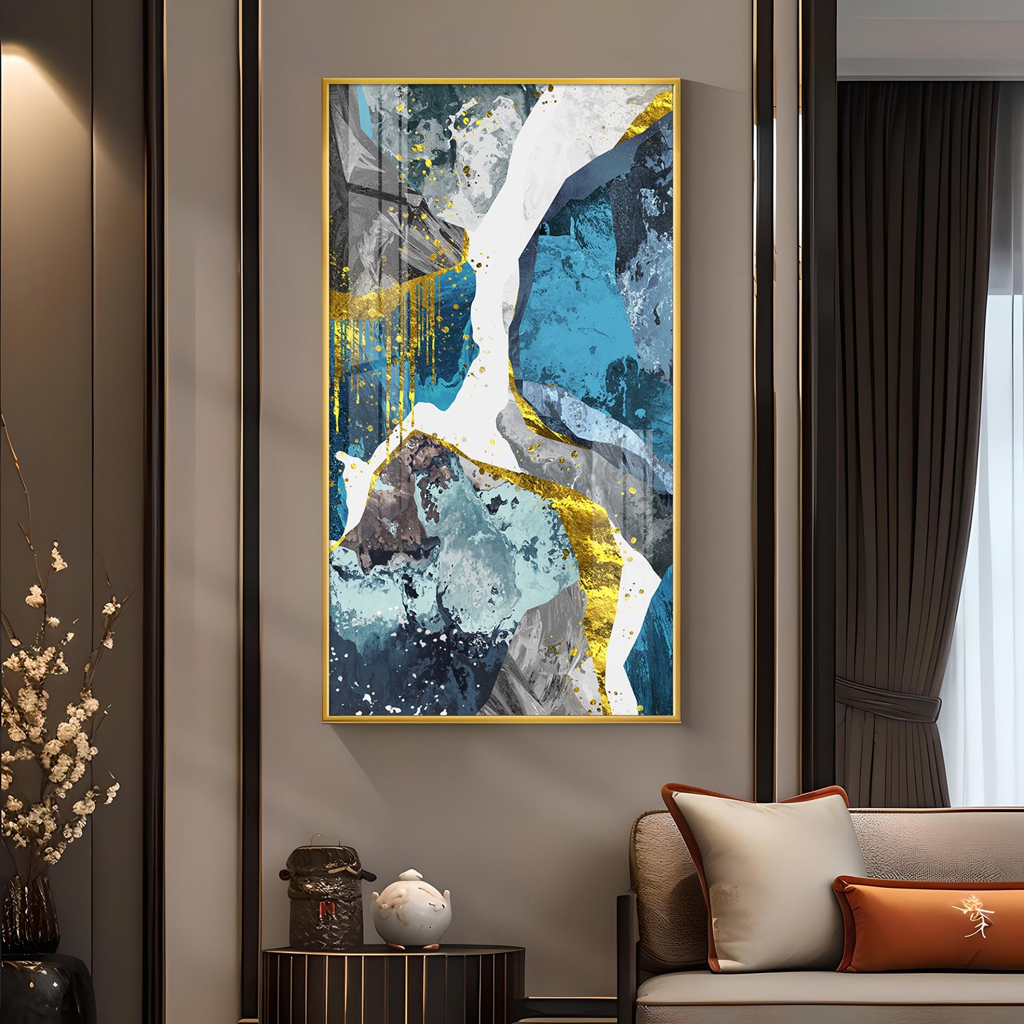 Gold and Blue Abstraction Glass Finish Vertical Wall Art