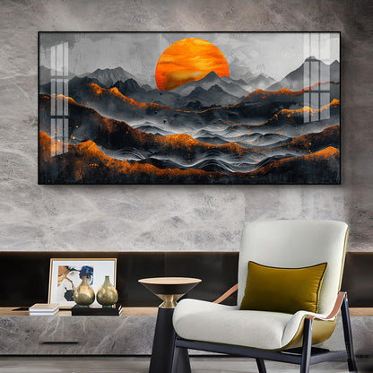 Sun Rise In Black Mountain Glass Finish Horizontal Wall Art