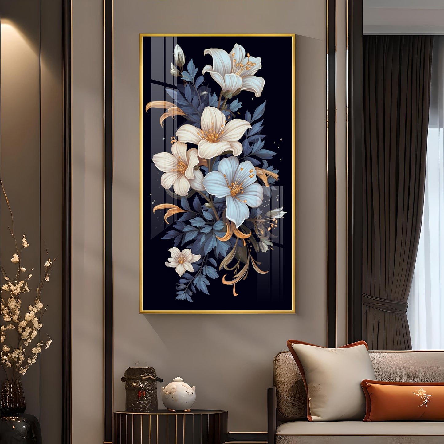 Obsidian Floral Glass Finish Vertical Wall Art