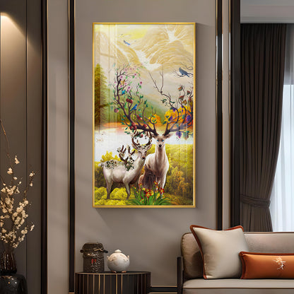 Portrait of Deer and Blossoms Glass Finish Vertical Wall Art